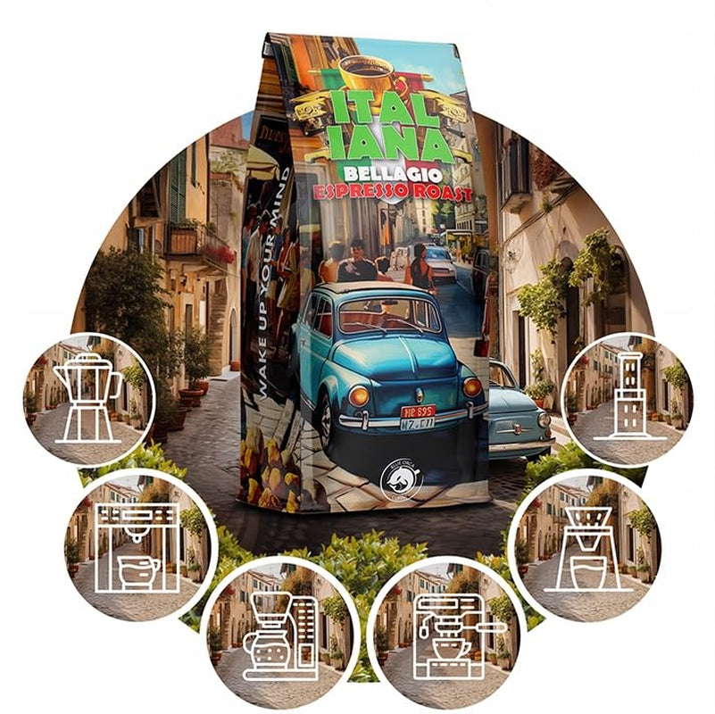 Café en grains torréfiés Italiana Bellagio 1kg | 80% Arabica et 20% Robusta | avec des notes de noix et de chocolat noir | fraîchement torréfié, faible acidité | pour machines à café | Café Orque Bleu