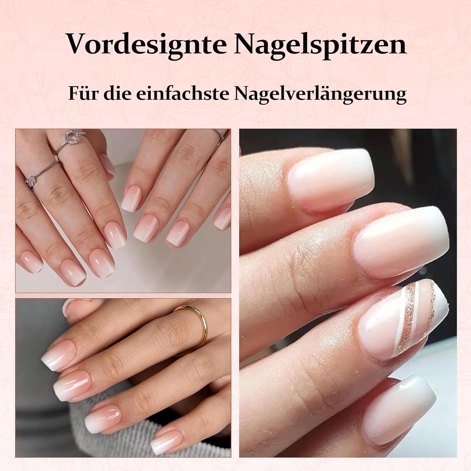 Ensemble d'ongles carrés dégradés de 240 pièces, ongles artificiels dégradés de blanc nu pour colle à stylo à huile, faux ongles naturels ombrés moyens pour femmes à faire soi-même (carré nu)