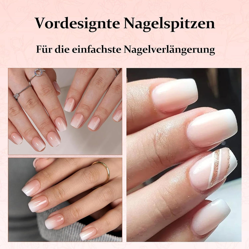 Ensemble d'ongles carrés dégradés de 240 pièces, ongles artificiels dégradés de blanc nu pour colle à stylo à huile, faux ongles naturels ombrés moyens pour femmes à faire soi-même (carré nu)