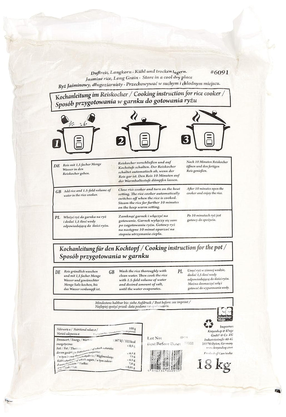 Riz parfumé/riz au jasmin, grain long, qualité AAA, 1 paquet (1 x 18 kg)