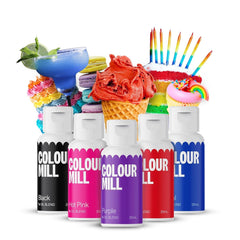 Color Mill Liquid Food Coloring Set - 5 x 20 ml à base d'huile (noir, rose vif, violet, rouge et bleu) - Résistant aux UV - Parfait pour la pâtisserie et comme garniture pour les gâteaux, muffins et décorations de gâteaux