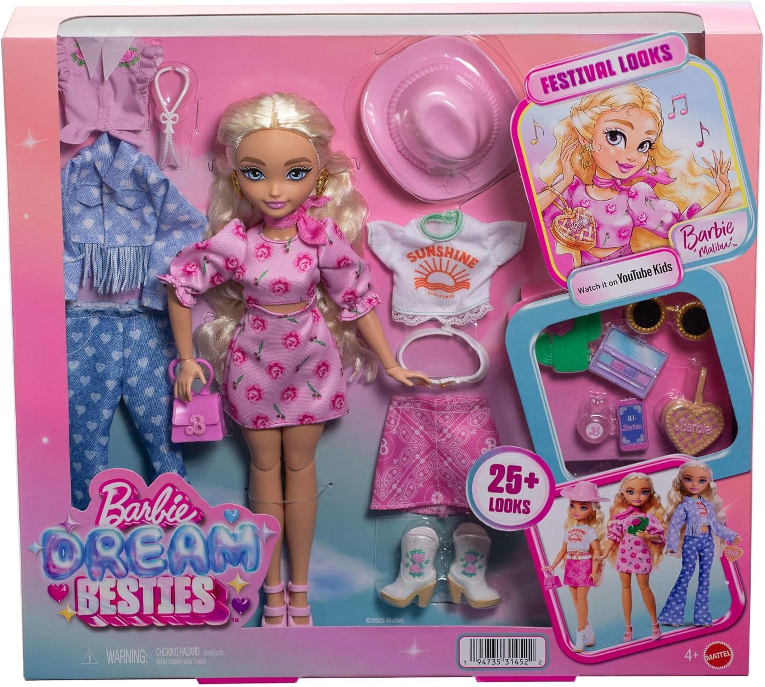 Barbie Dream Besties Festival Looks Set, avec poupée Barbie Malibu aux longs cheveux blonds à coiffer et plus de 10 vêtements et accessoires amovibles, JGH87