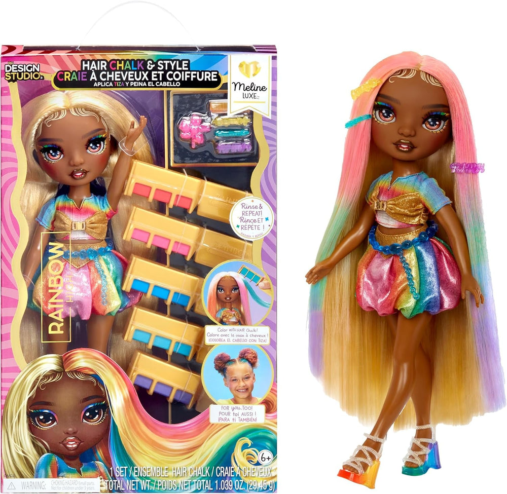 Rainbow High Hair Chalk & Style Doll - Meline - 28 cm Puppe in Regenbogen- und Goldfarben, Auswaschbare Haarkreide, Färben, Stylen, Spielen, Ausspülen & Wiederholen, für Kinder von 4 bis 12 Jahre