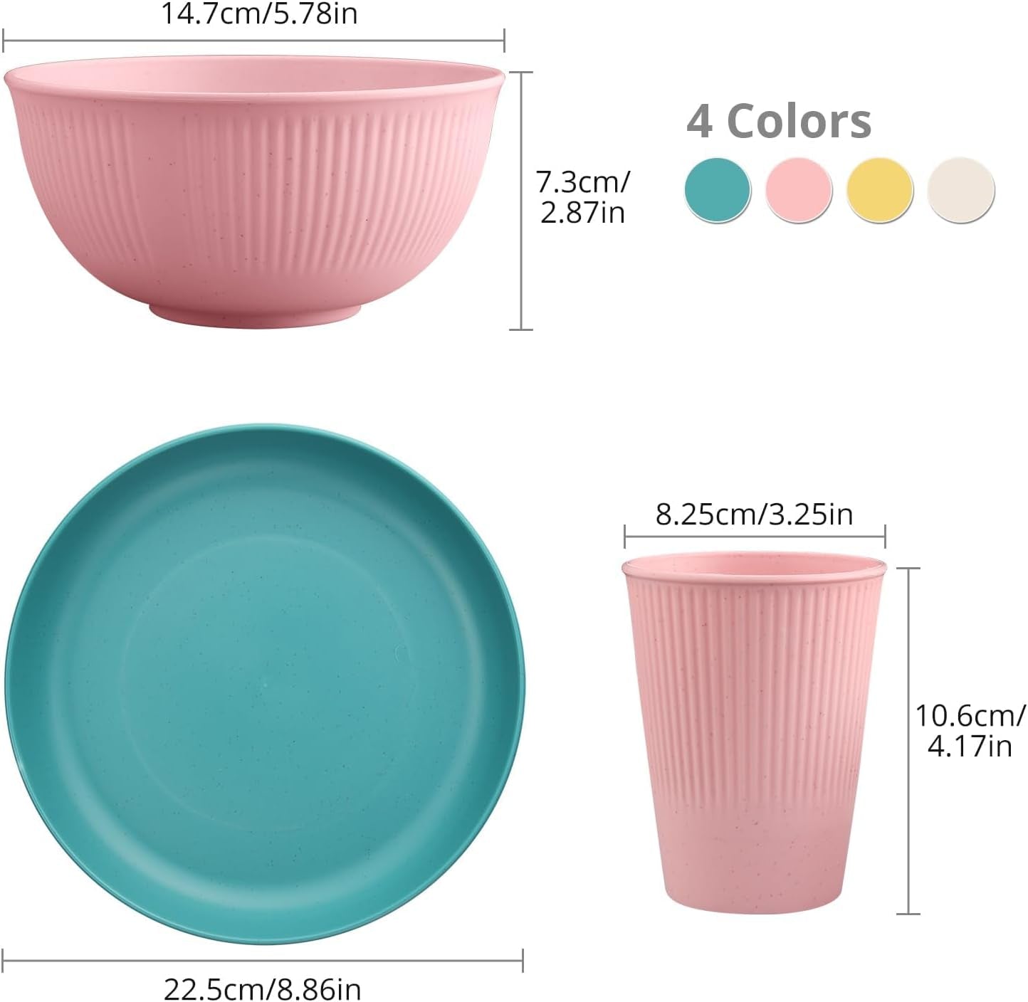 Tanice Service de table en plastique 12 pièces, assiettes et bols, service de table pour 4 personnes, service de table en plastique avec assiettes, bols et tasses pour cuisine, camping en plein air