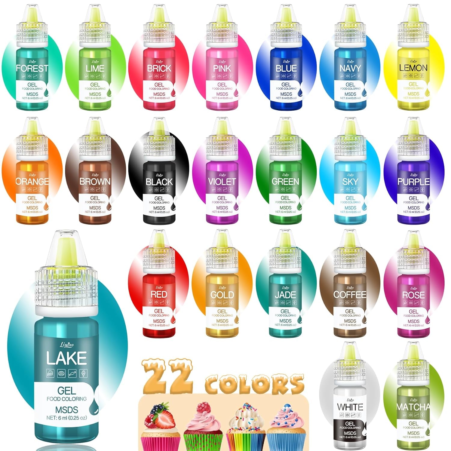 Colorant alimentar în gel - 22 de culori, coloranți alimentari în gel pentru prăjituri, copt, fursecuri, macaroane - Colorant alimentar concentrat fără zahăr pentru decorarea torturilor, băuturi, ouă de Paște, slime DIY - 6 ml fiecare