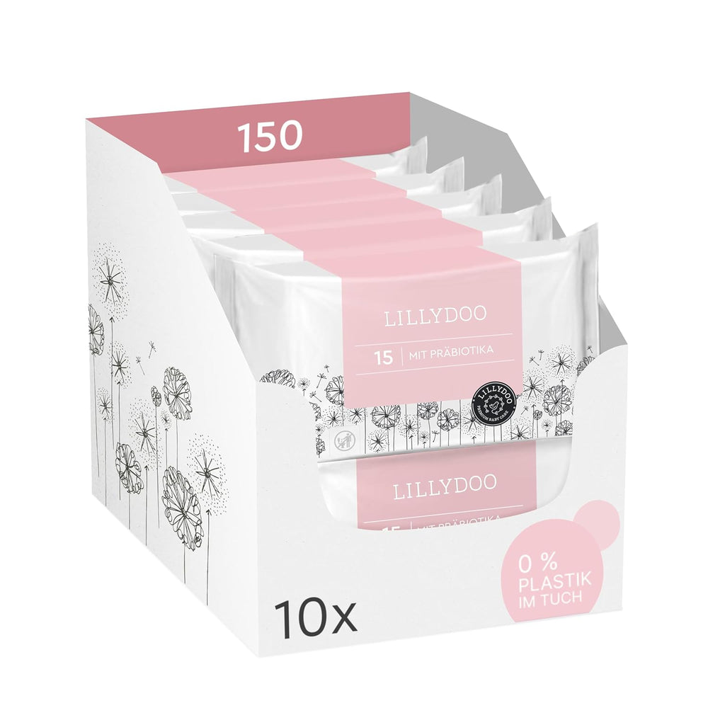LILLYDOO Lingettes humides vertes, 600 unités (10 x 60), 100 % sans plastique, résistantes aux déchirures – Sans parfum, douces et naturelles, nettoyage doux pour les peaux sensibles, testées dermatologiquement