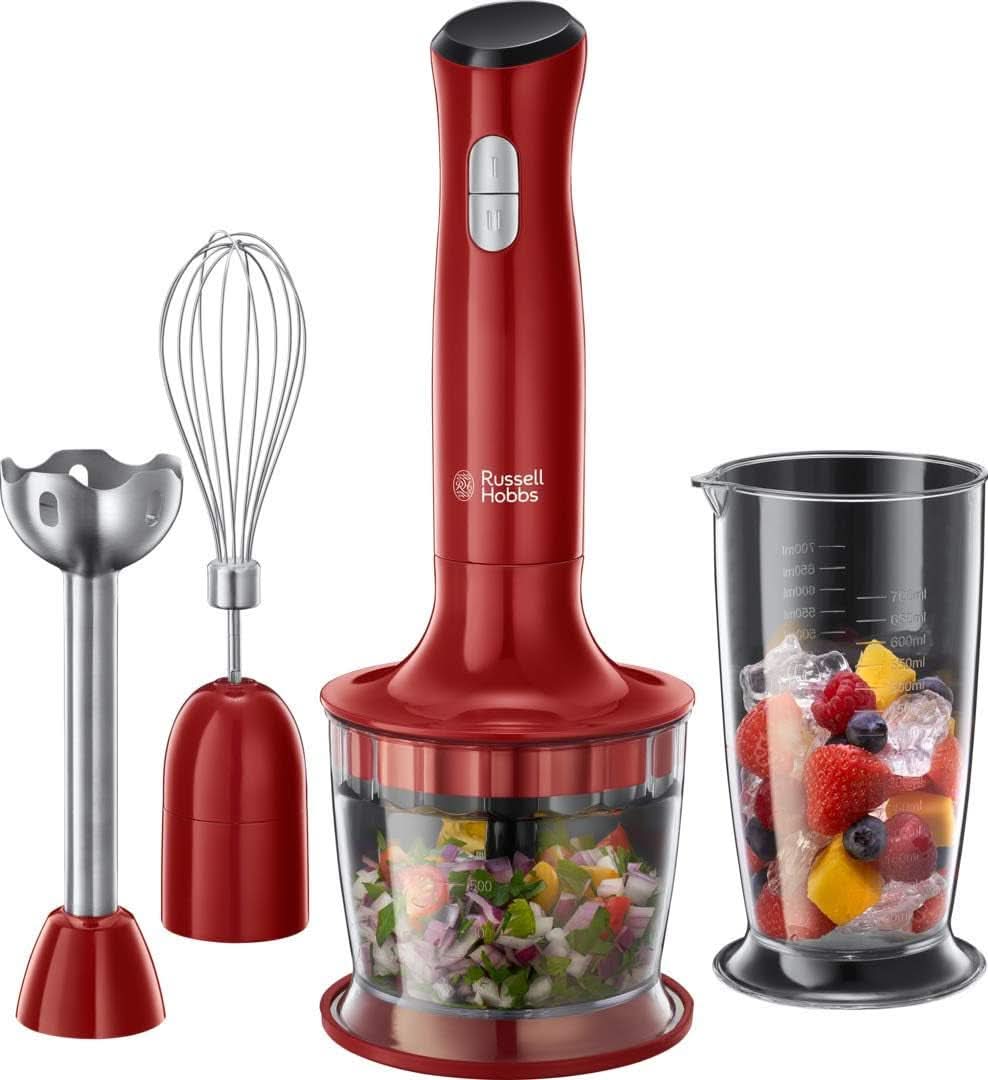 Russell Hobbs Batteur sur socle [3-en-1 : Pürierstab/Zerkleinerer, Mixer- & Schneebesenaufsatz] Desire Rot (sans BPA et Spülmaschinenfestes Zubehör, Für Smoothie, Suppen Saucen, Yaourt Babynahrung) 24700-56 Kitchen Naty Shop Rot Mittel