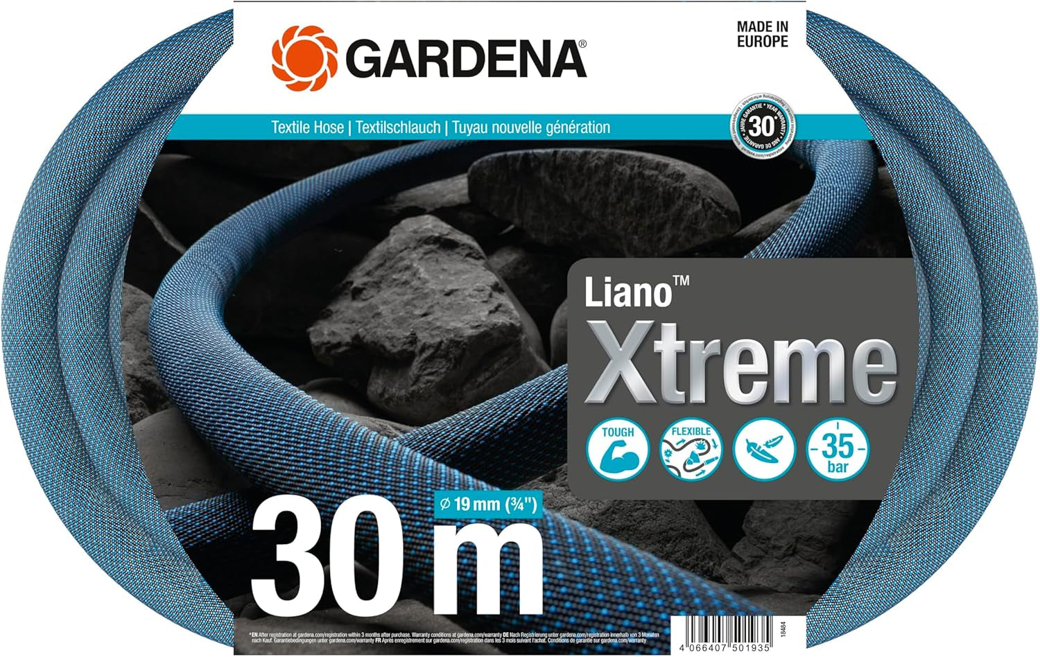 Gardena Liano Xtreme 3/4 inch, Set 30m: Furtun de grădină extrem de robust din material textil, cu furtun interior din PVC, ușor, rezistent la intemperii (18484-20), Multicolor