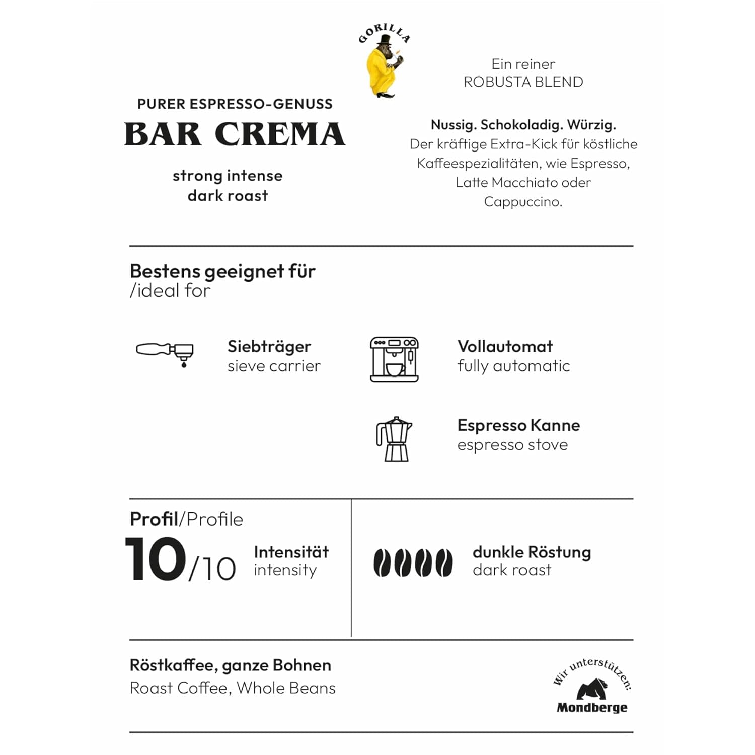 Grains de café Gorilla Espresso Bar Crema - 12 paquets de 1000 g chacun