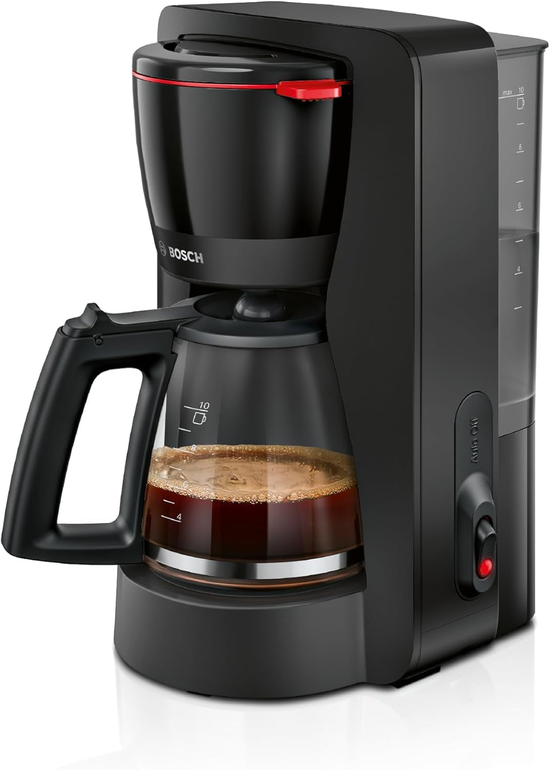 Bosch MyMoment TKA2M113 Machine à expresso à filtre, carafe en verre 1,25 L, 10-15 tasses, fonction maintien au chaud 40 minutes, système anti-goutte, porte-filtre rotatif, réservoir d'eau amovible, 1200 W, noir mat