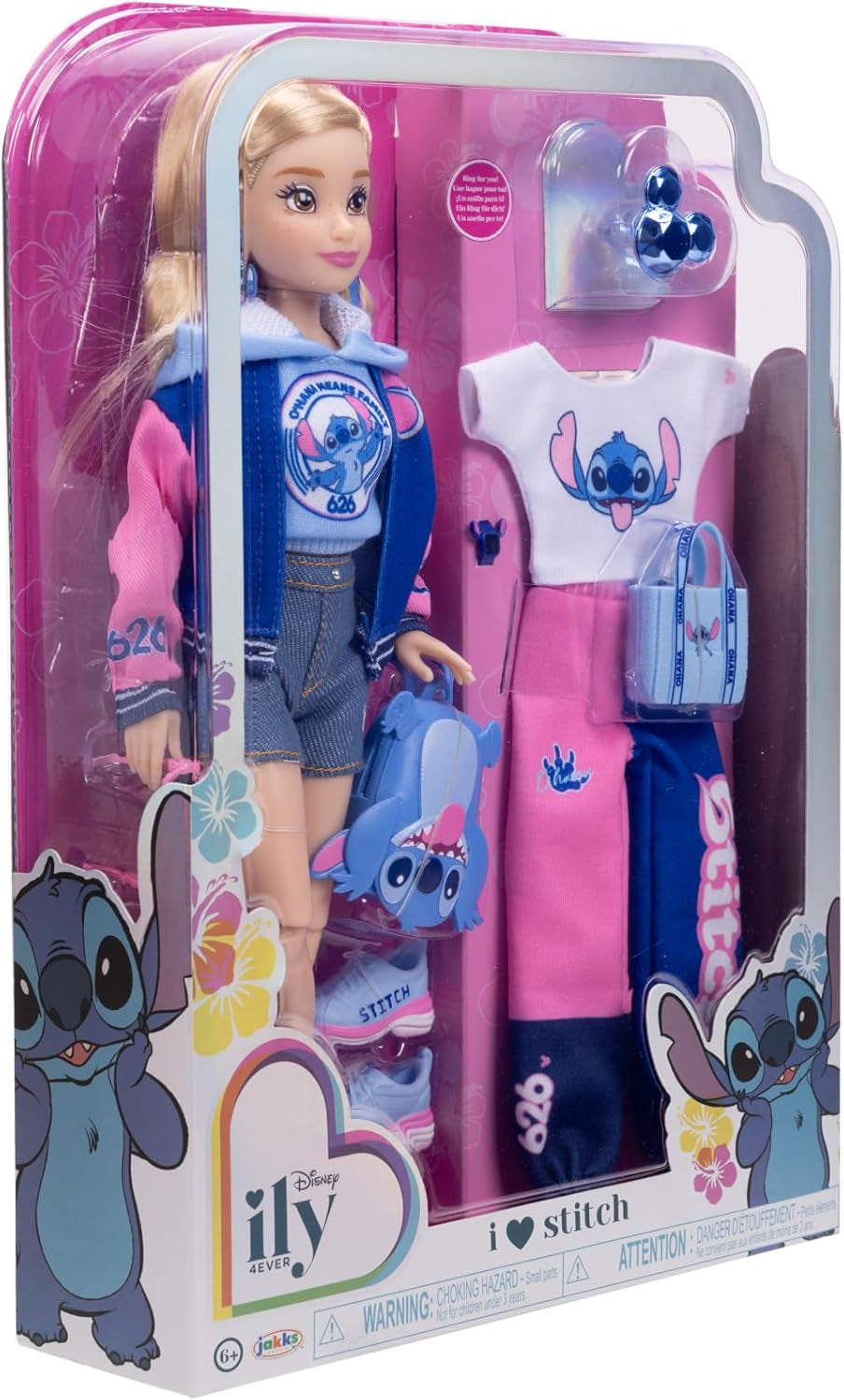 Disney ILY 4EVER Stitch Modepuppe mit Collegejacke und Zubehör, 29 cm, 13 Bewegungspunkte, offiziell lizenziert von Jakks Pacific. Komplett mit kombinierbarem Zubehör und glitzerndem Micky-Ring!