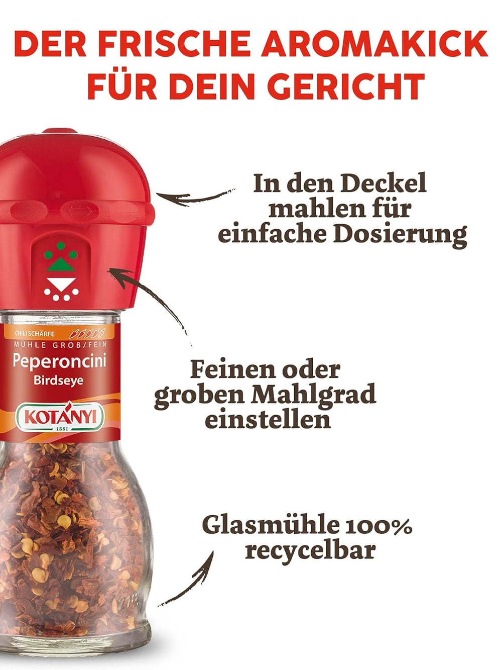 KOTÁNYI Chili Birdseye Pepperoncini Mühle, scharf zum frischen Mahlen, 1er Pack (1 x 27g)