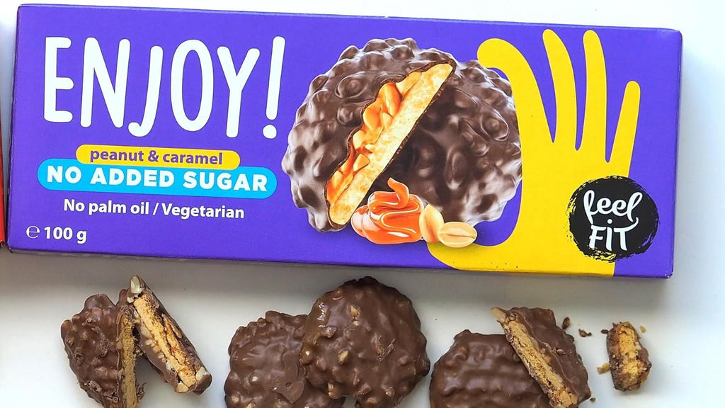 Simte-te în formă, savurează! Fursecuri cu arahide și caramel cu cremă de caramel și arahide în ciocolată cu lapte, fără zahăr adăugat și fără ulei de palmier, 100 g