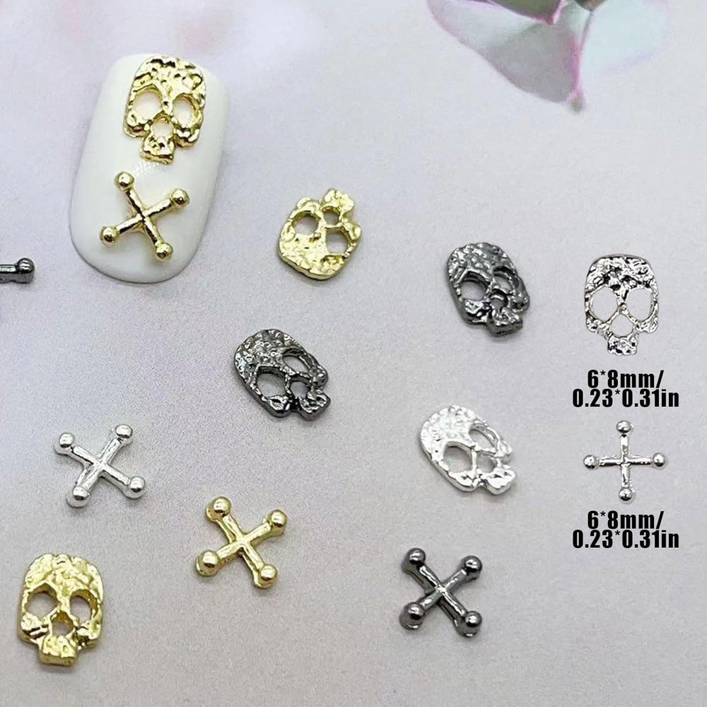 120pcs Croix Crâne Nail Art Décorations Ensemble Or Argent Métal Nail Art Charms Punk Alliage Nail Art Bijoux Pierres Étincelantes Accessoires