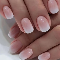 Ensemble de faux ongles adhésifs – Faux ongles français – 24 pièces, design carré court, ongles artificiels dégradés blanc et rose, manucure ballerine (dégradé rose court)