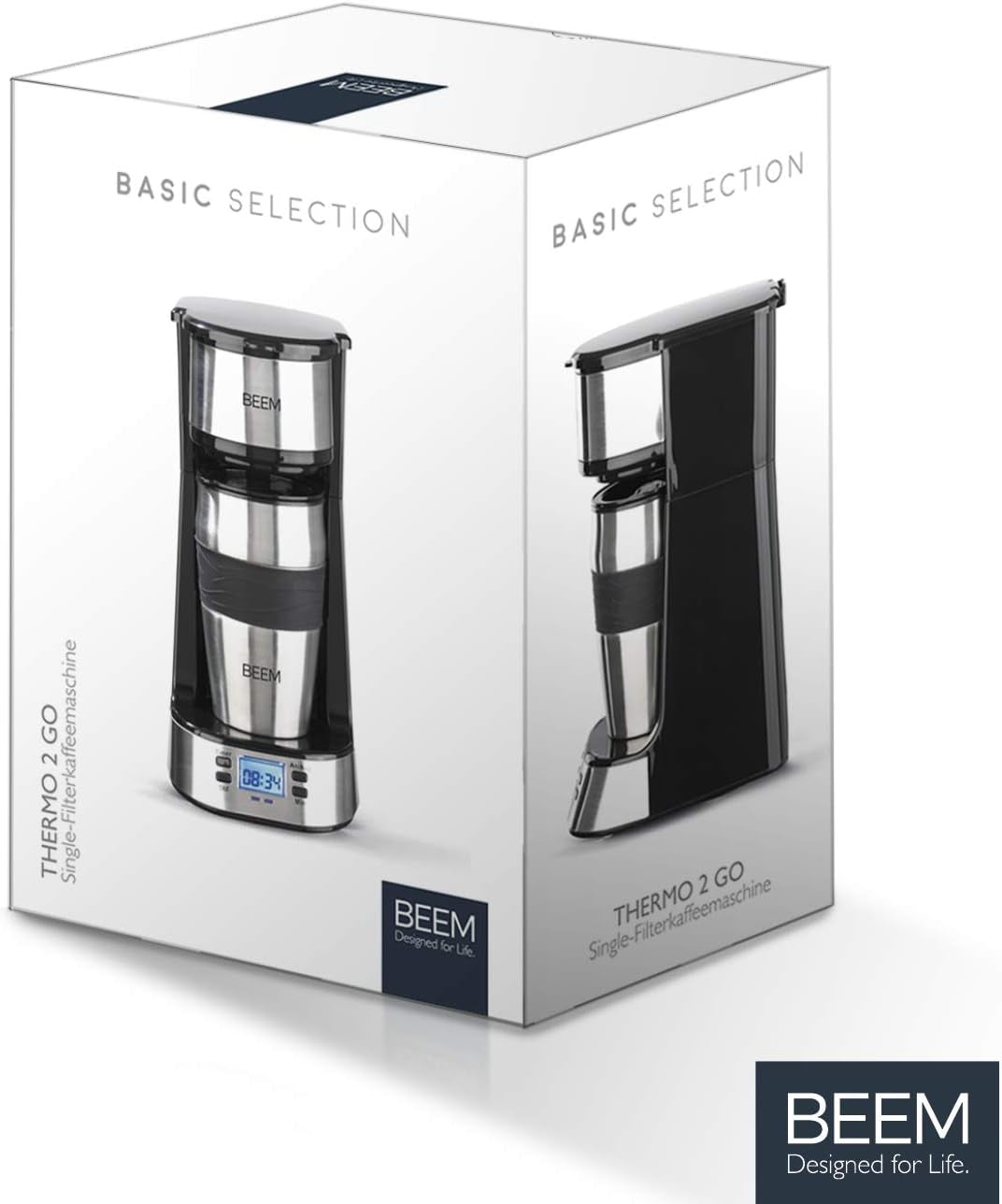 Machine à expresso monofiltre BEEM THERMO 2 GO avec tasse thermique de 0,4 l | Filtre permanent | Avec minuterie de 24 heures pour une tasse de café chaud le matin, pas d'attente | 750 W