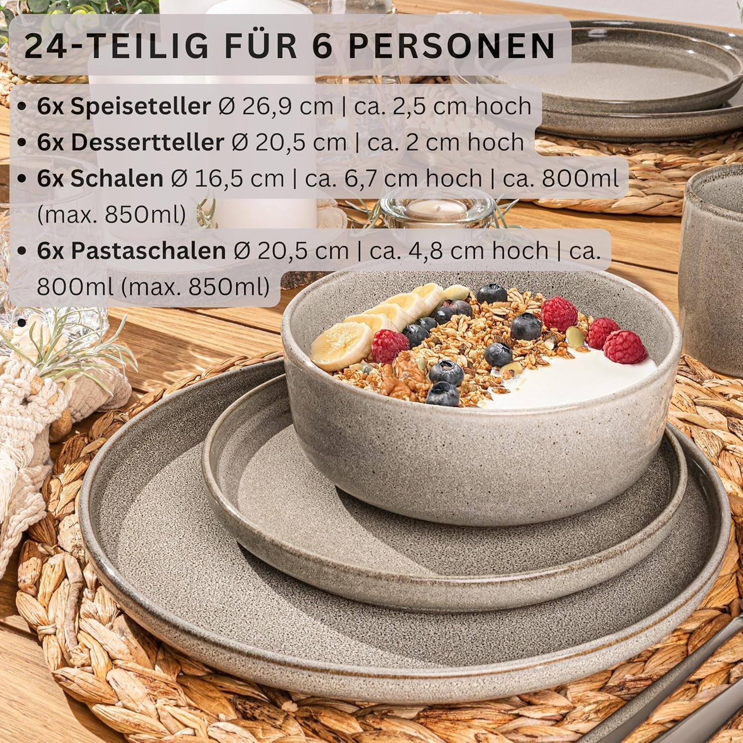 SÄNGER Argile du Caire | Service de table 24 pièces, service de table en grès pour 6 personnes, 6 assiettes, 6 assiettes à dessert, 6 bols à pâtes, 6 bols de service, service de table gris | LA COLLECTION VALEUR