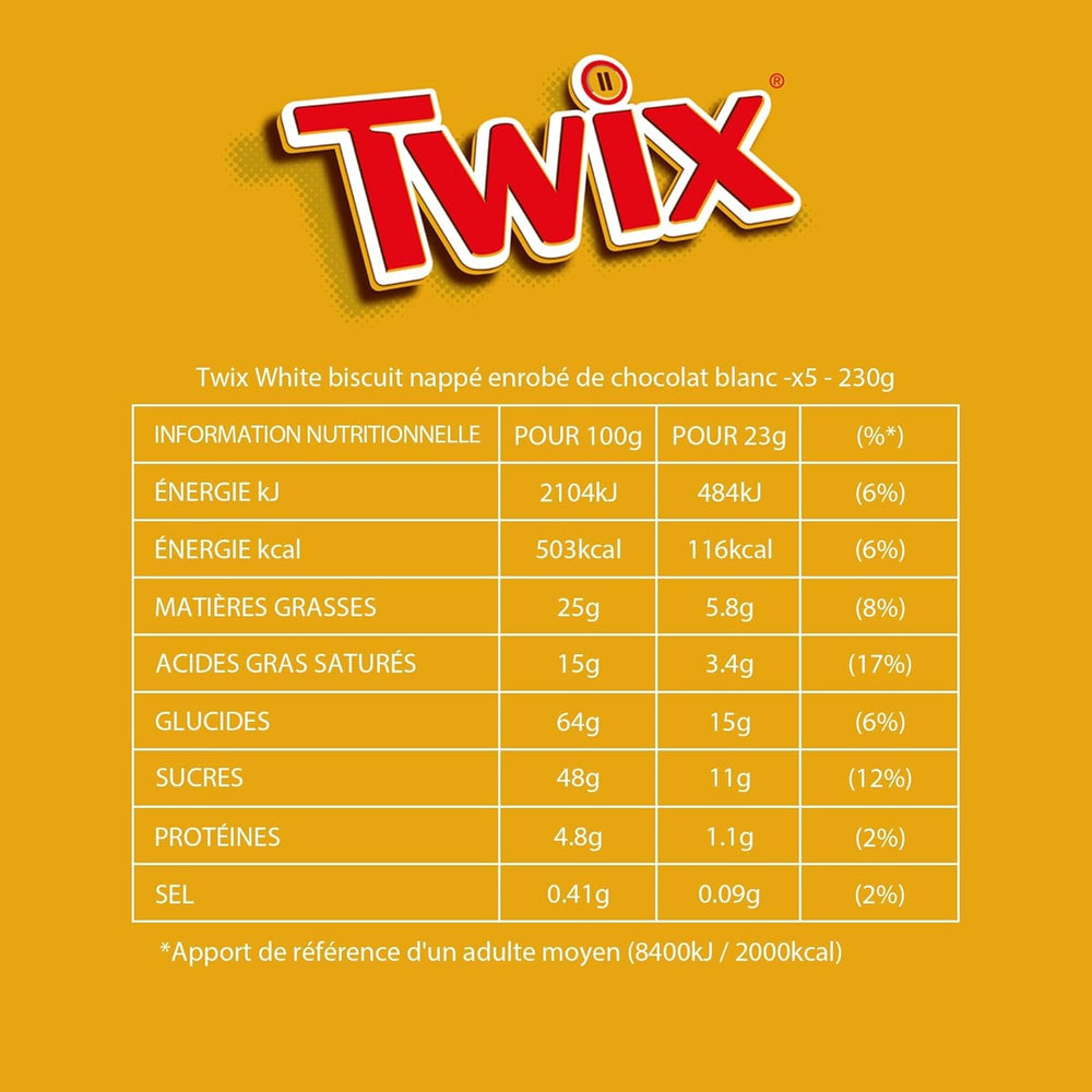 Barres de chocolat blanc Twix | Caramel, Biscuits, Chocolat Blanc | Paquet multiple de chocolat | 5 barres (5 x 46g) (Pack de 5)