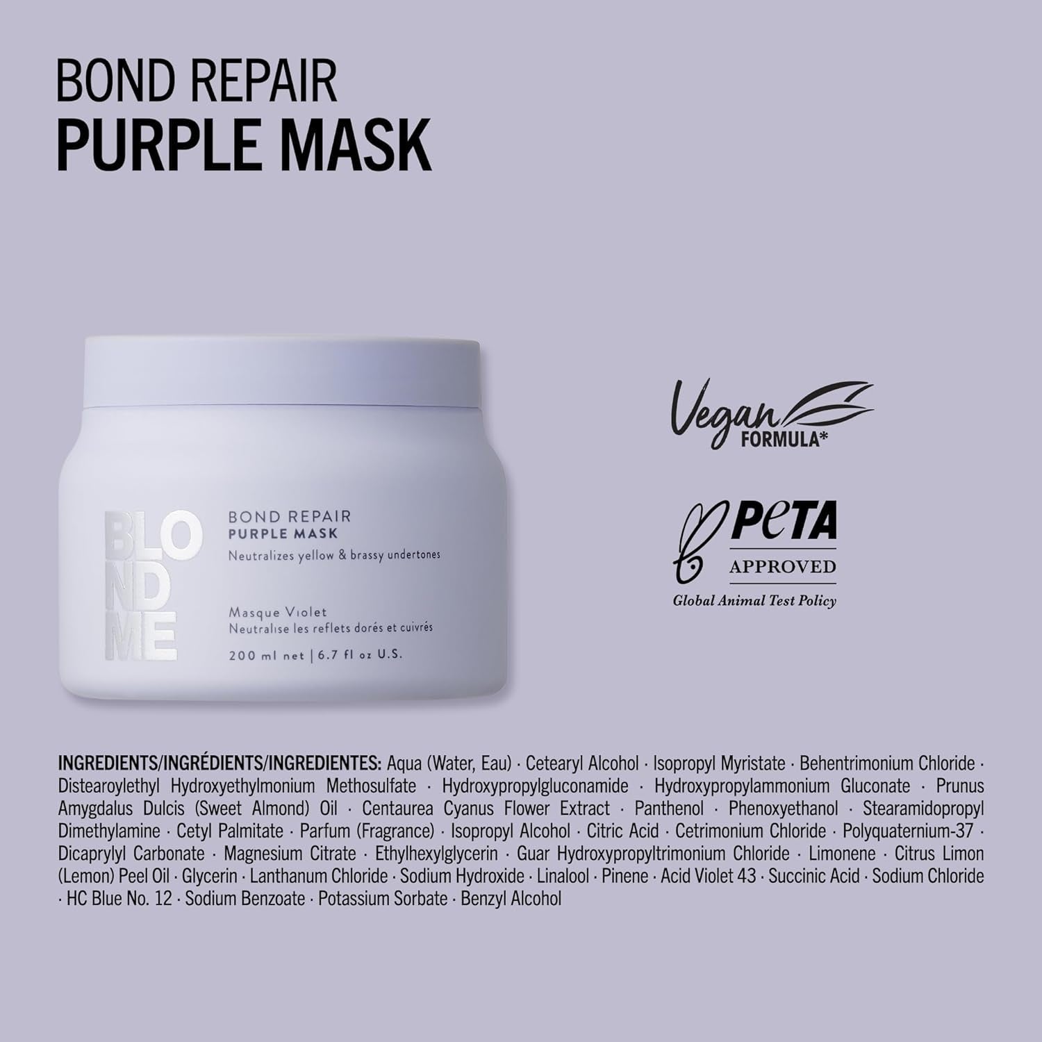 Schwarzkopf Professional BLONDME Bond Repair Purple Mask Masque pour cheveux frais Neutralise les tons jaunes pour cheveux teints, décolorés et clairs Revitalisant et fortifiant en profondeur 200 ml Masque capillaire Naty Shop