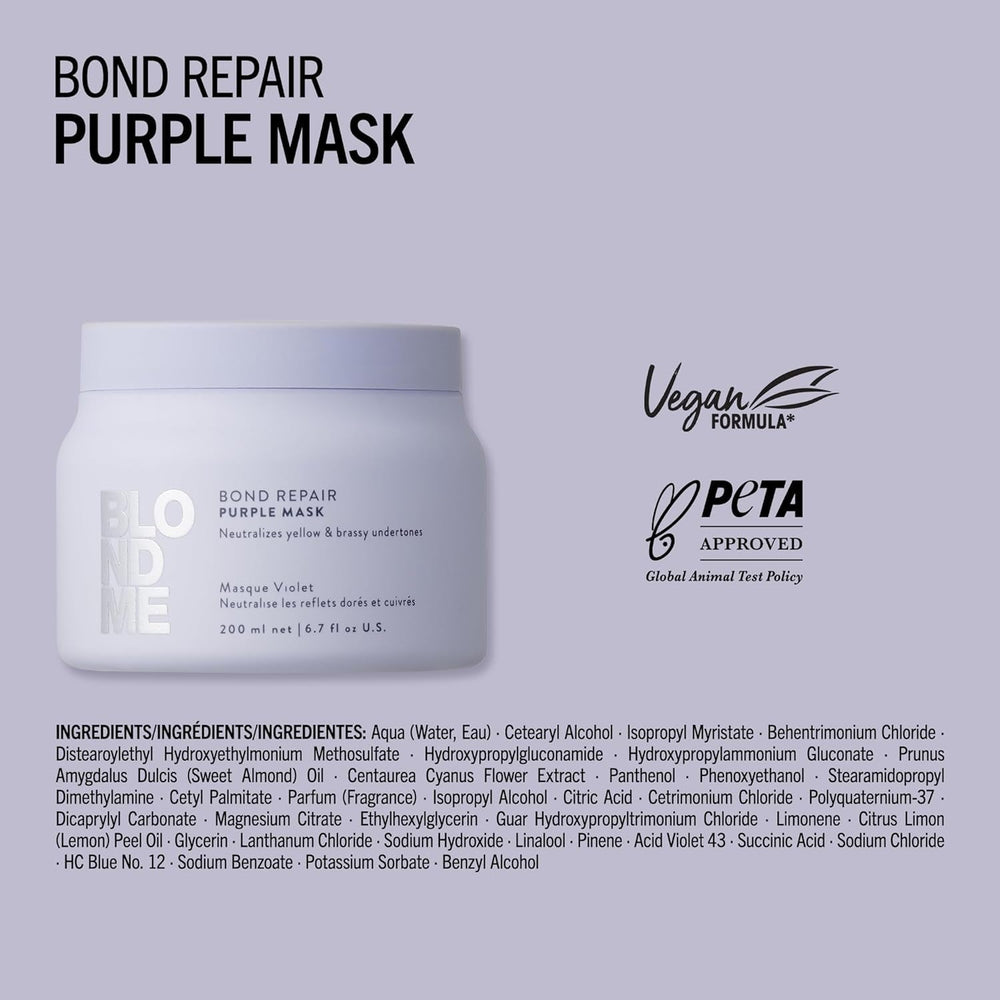 Schwarzkopf Professional BLONDME Bond Repair Purple Mask Masque pour cheveux frais Neutralise les tons jaunes pour cheveux teints, décolorés et clairs Revitalisant et fortifiant en profondeur 200 ml Masque capillaire Naty Shop