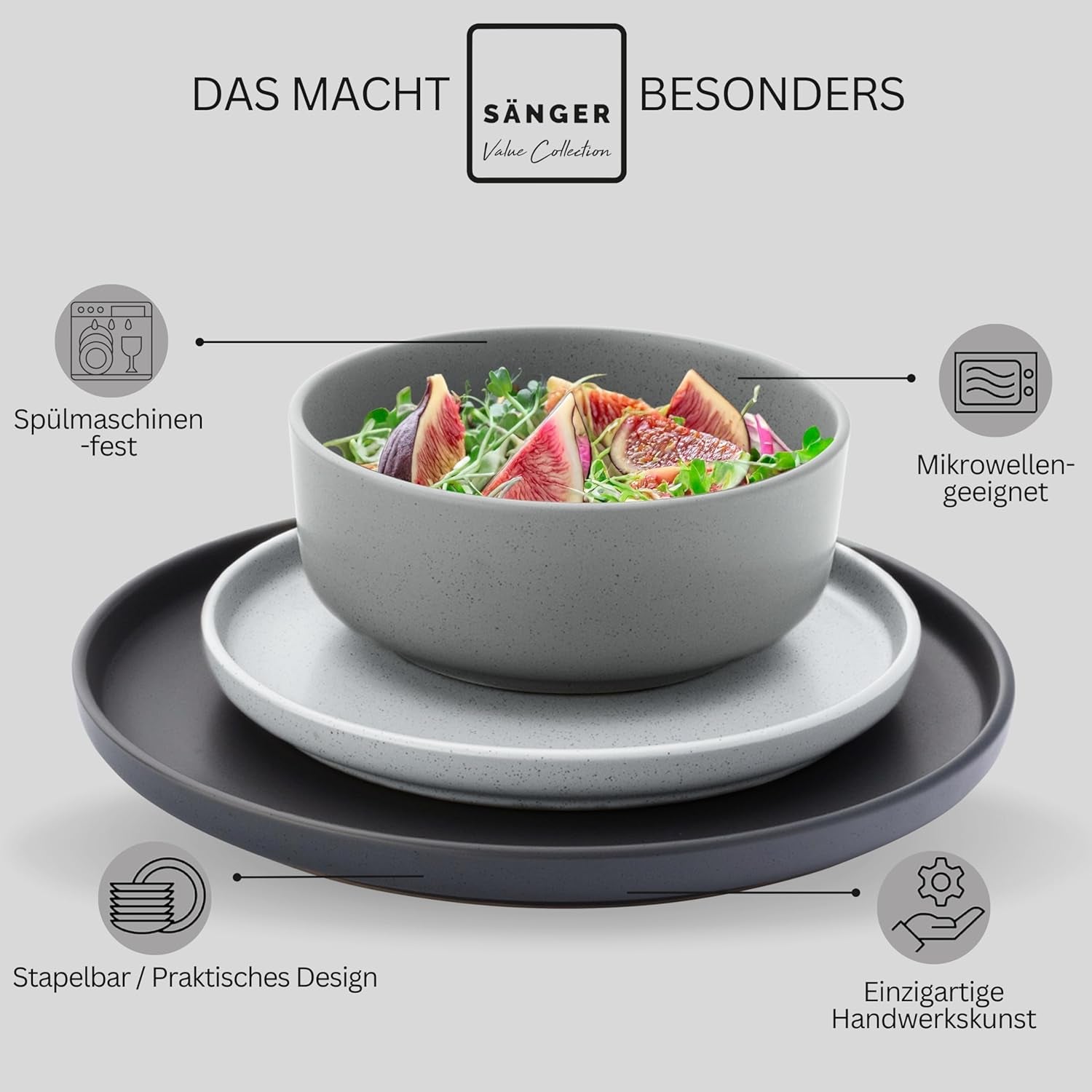 SÄNGER Leeds | Service de table en grès 12 pièces, service d'assiettes pour 4 personnes (4 assiettes plates, 4 assiettes à dessert, 4 bols), vaisselle colorée résistante aux rayures | LA COLLECTION VALEUR