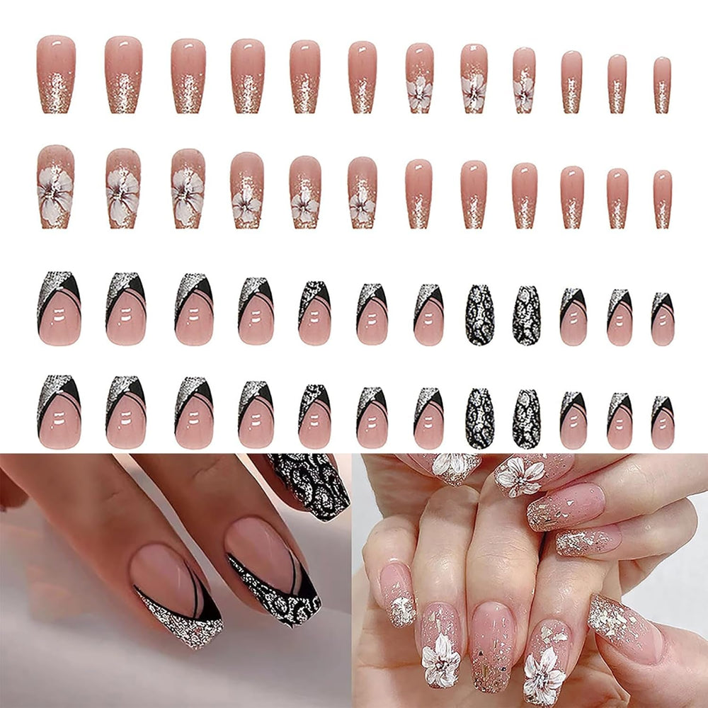 Ongles artificiels à paillettes naturelles, à pression courte, en acrylique, auto-adhésifs, pour femmes et filles, accessoires de Nail Art, 48 pièces