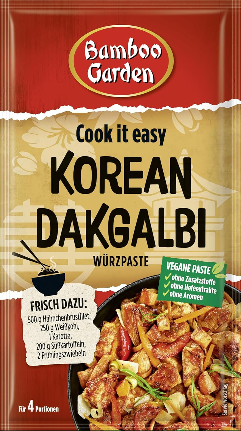 Jardin de bambous - Dakgalbi Würzpaste coréen | Zum Marinieren von Hühnchen, Gemüse et Tofu | Pour 4 portions | Ingrédients végétaliens et naturels | 50 g en sachet