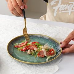 Henten Home Assiettes spéciales en grès, bols à snack et à sauce - 20x17cm pour 4 personnes, assiettes petit-déjeuner en porcelaine - design vert moderne