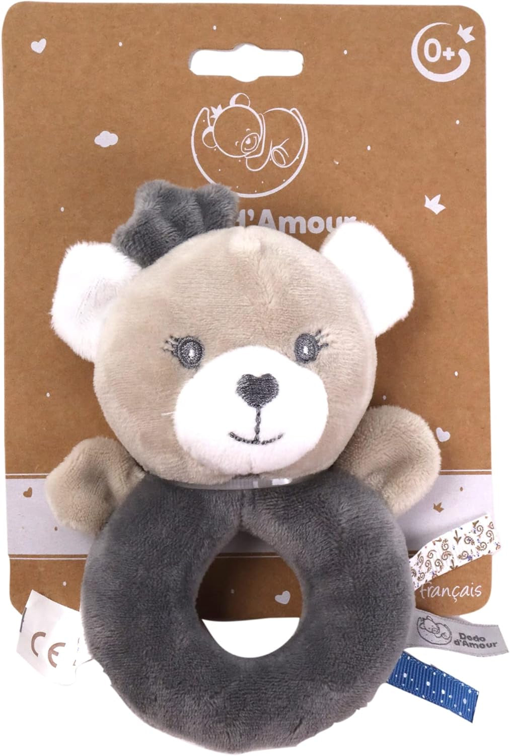 - Peluche avec hochet - Ours - 012290 - Gris - Polaire - Naissance - Peluche - Bébé - Apaisant - Doux - Lavable - 13 cm x 10 cm - Dès 0 mois Jouets bébé Naty Shop