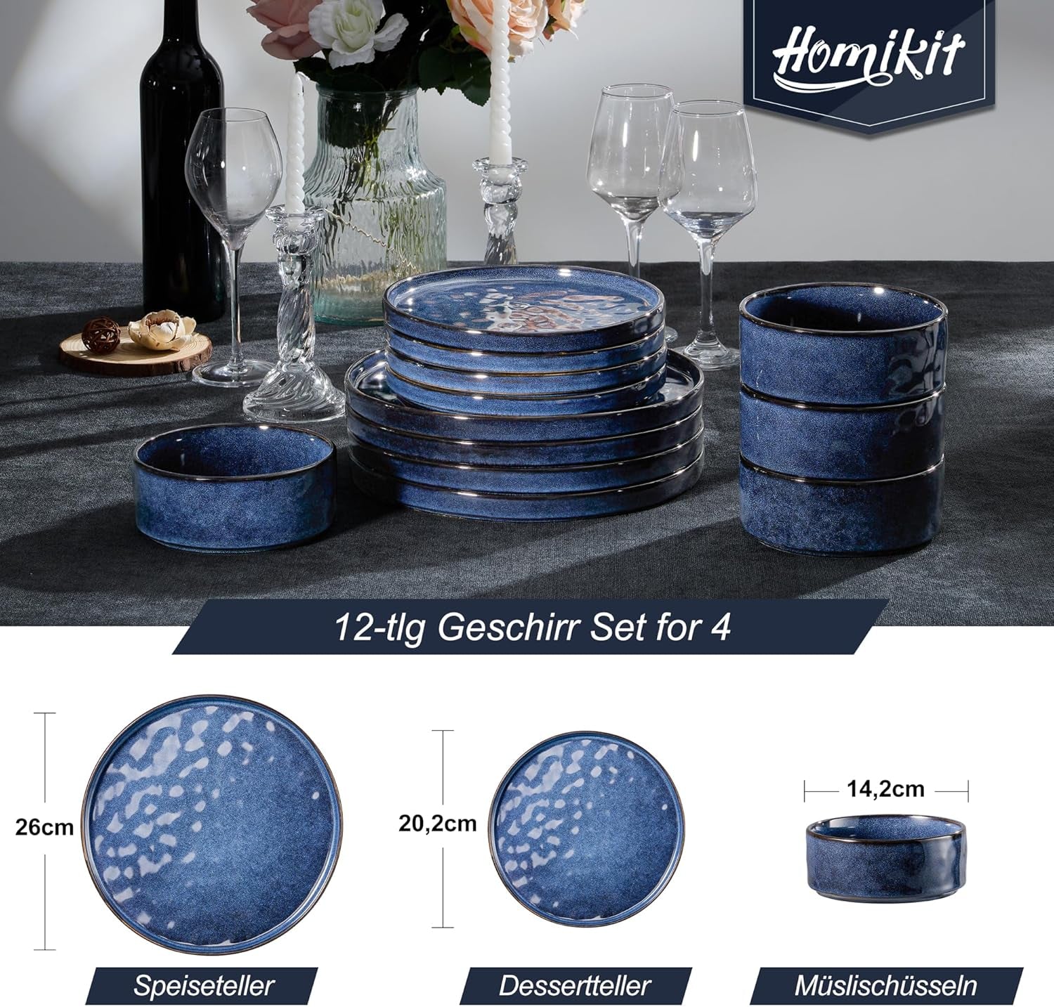 Homikit Service de table 12 pièces pour 4 personnes, service de table combiné avec assiettes, assiettes à dessert et bols à céréales, passe au micro-ondes et au lave-vaisselle, bleu élégant