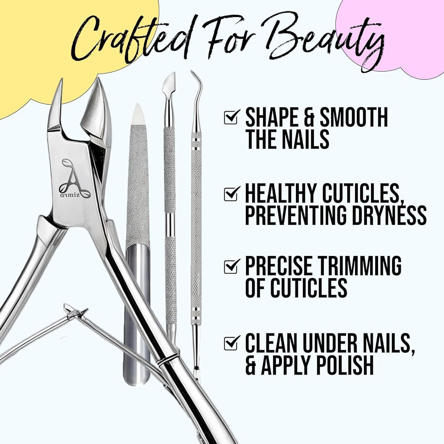 ARMIZ Ensemble 4 pièces repousse-cuticules et pinces, ensemble d'outils professionnels pour enlever les cuticules, pince multi-usages en acier inoxydable pour manucure et pédicure