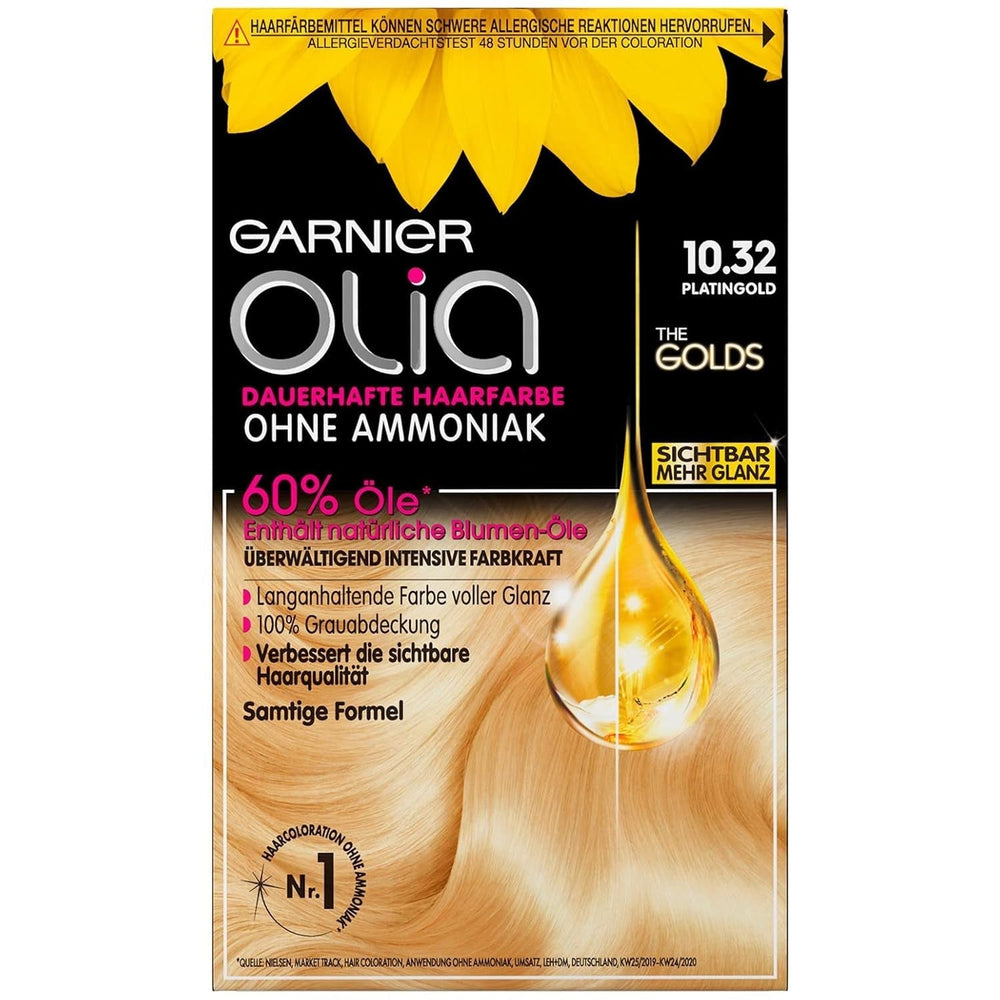 Garnier Olia Coloration permanente sans ammoniaque, Coloration nourrissante pour une couverture 100 % des cheveux gris, The Golds, 10,32 Platinum Gold (Blond), 3 pièces Naty Shop Hair Color Default Title