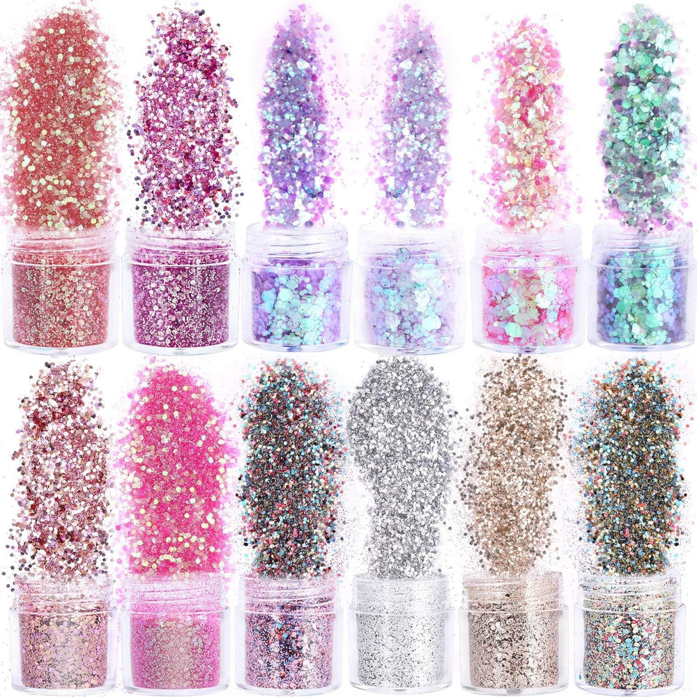 HOWAF 12 boîtes de pinceaux à paillettes pour le visage et le corps, maquillage à paillettes pour les yeux, les lèvres, les cheveux, décoration du corps, Halloween, Noël, festival, mascarade, accessoires de maquillage