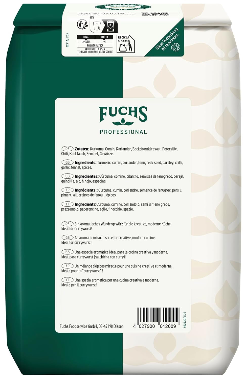 Fuchs Professional - Curry à l'anglaise "Goldelephant" | Zum Würzen von Suppen, Saucen et Reisgerichten | Qualité professionnelle pour les grossistes et la gastronomie | Sac recyclable de 1 kg