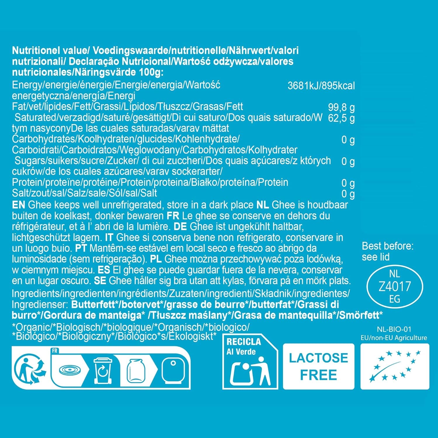 Ghee Easy 850g Ghee Bio von Grasgefütterten Kühen - Ghee Butter sans Zusatzstoffe - Certifié Organisch & Biologisch - Hochreines Ayurveda Ghee sans lactose et gluten - 100% Européen