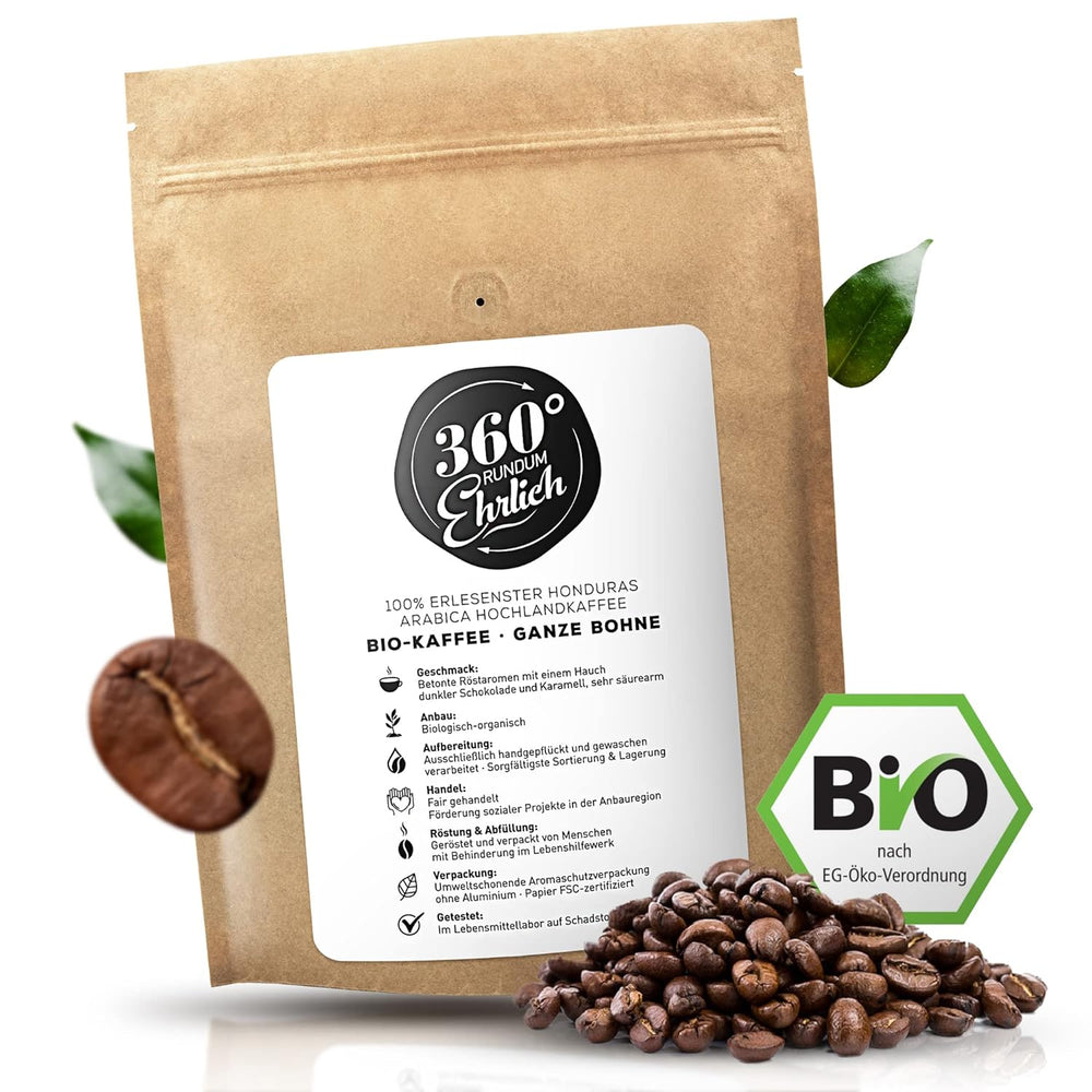 Premium Bio Kaffeebohnen 1000g, 100% Honduras Hochland Arabica Kaffeebohnen Bio - Köstlich, doux, sans danger - Bio Kaffee ganze Bohnen - Idéal comme Kaffeebohnen Vollaautomat - 360° Rundum Ehrlich