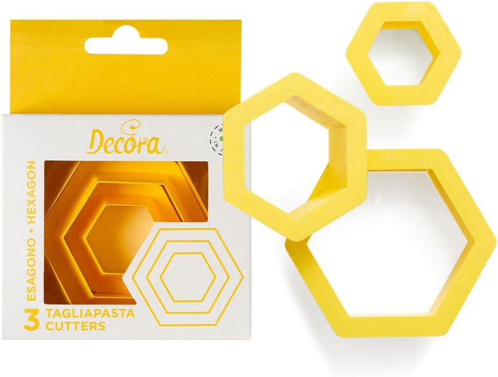 Ensemble d'emporte-pièces hexagonaux de décoration, plastique, jaune, 1,5/2,5/3,5 x 2,2 cm (paquet de 3)