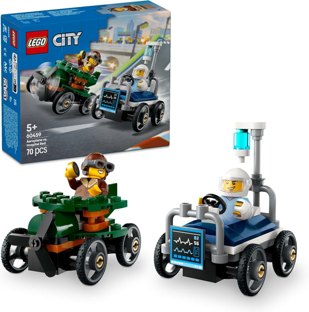 LEGO City Avion contre. Kit de voiture de course avec lit d'hôpital - Boîte à savon pour garçons et filles à partir de 5 ans - Jeu de construction avec 2 figurines - Cadeau d'anniversaire et de vacances 60459 Jeux de construction Besuche den LEGO-Store Titre par défaut