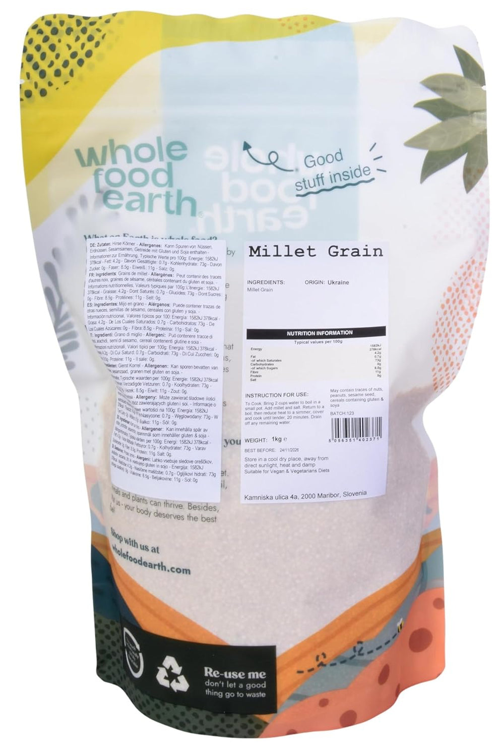 Millet à grains entiers - sans OGM - naturel - végétalien - sans produits laitiers - sans sucre ajouté - 1 kg