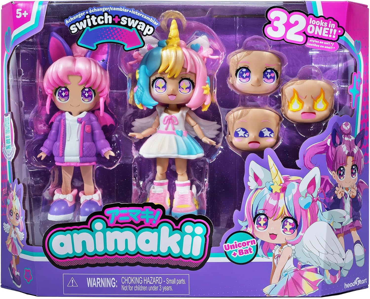 BANDAI - Animakii Einhorn und Fledermaus - Set Personalisierbare Puppen - 1 Puppe, 4 Gesichter, 2 Frisuren, 2 Outfits, 2 Paar Schuhe - Kreatives Spielzeug ab 5 Jahren - HEA26348