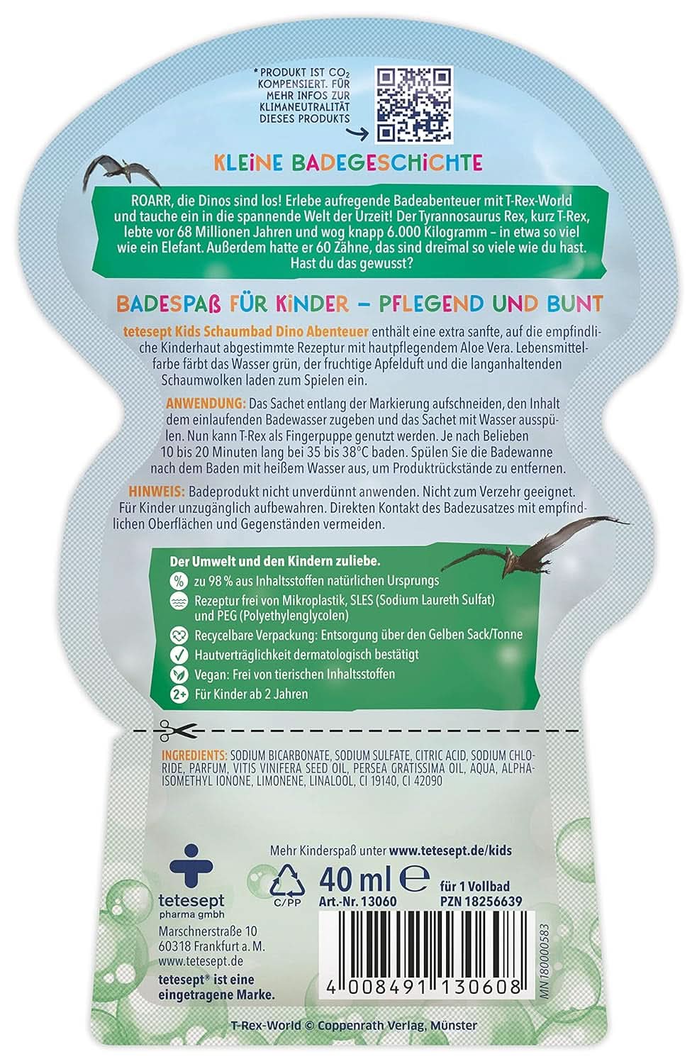 Tetesept Kids Dino - additif de bain pour enfants, mousse, colore le vert d'eau, 40 ml Naty Shop