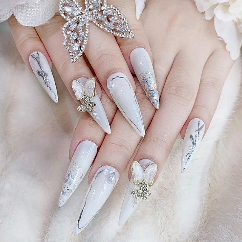 Moonglow longs ongles Stiletto laiteux blanc rose dégradé paillettes Cool faux ongles avec colle rose Ombre paillettes ongles artificiels