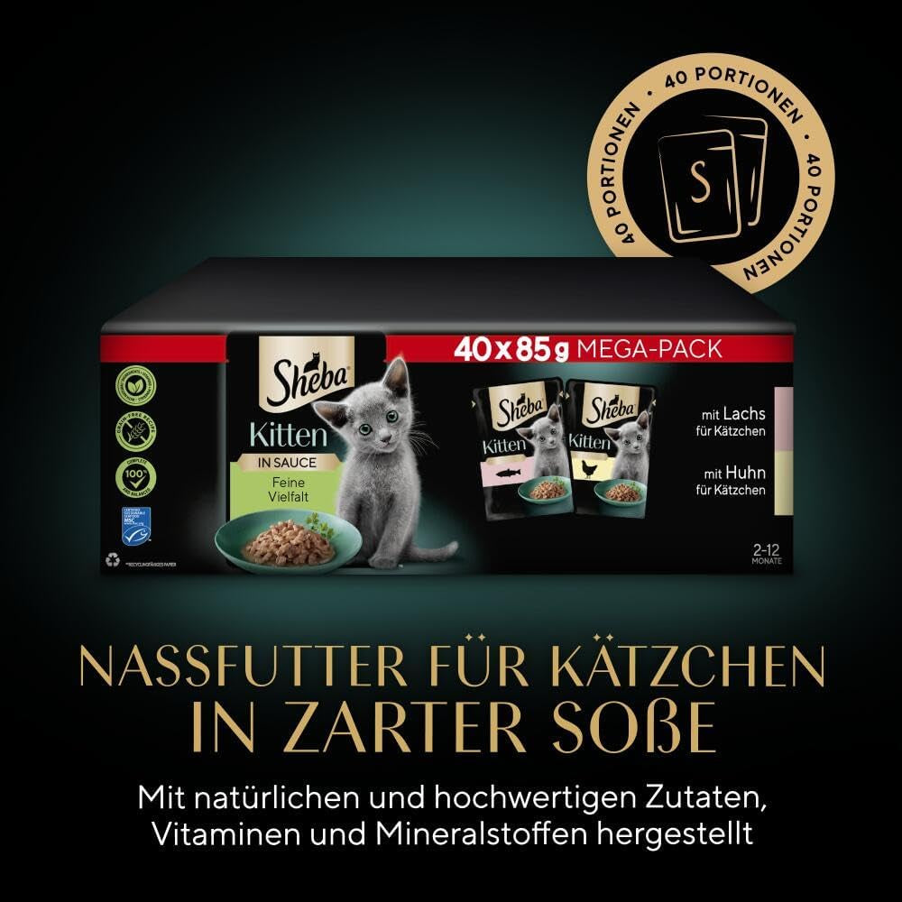 Hrană umedă Sheba pentru pisoi, în pliculețe variate, cu somon (MSC) și pui în sos, pachet multiplu 40x85g