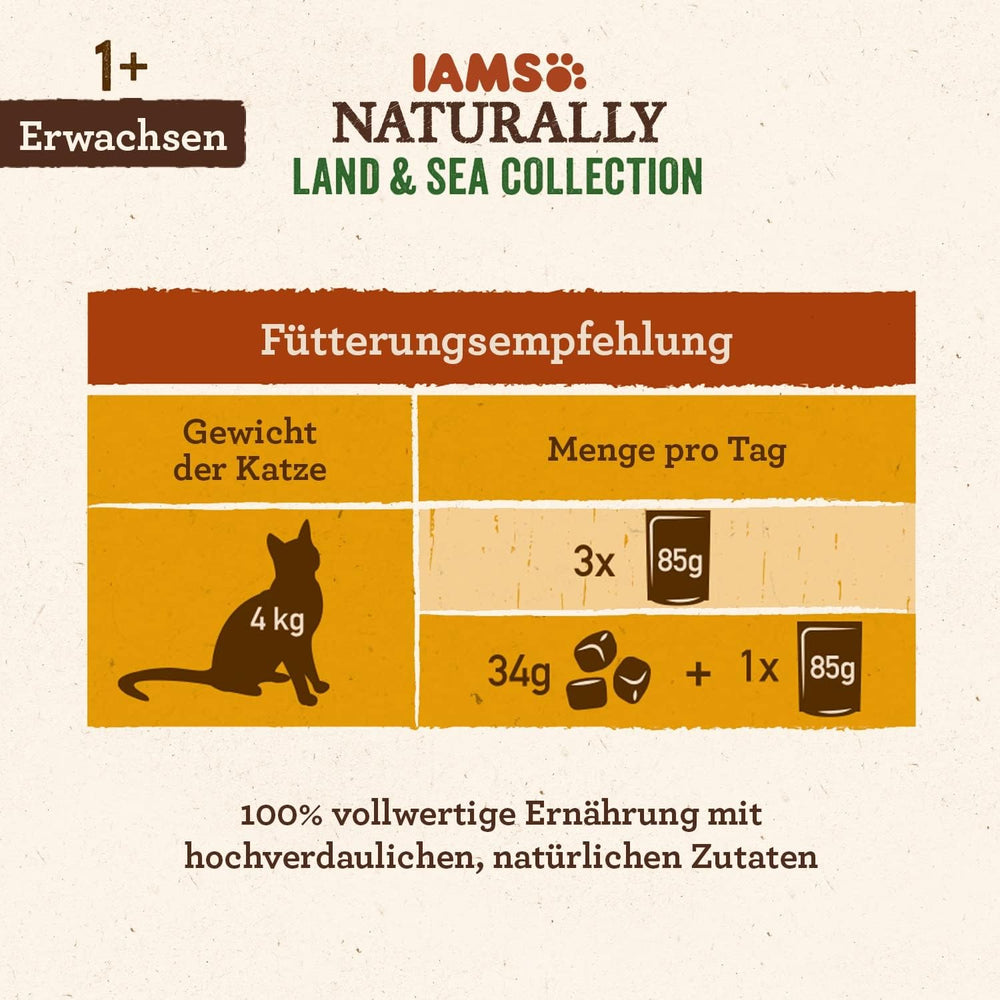 IAMS Hrană umedă naturală pentru pisici în sos - Hrană umedă de înaltă calitate cu carne și pește pentru pisici adulte, Colecția Land & Sea, 12 x 85 g