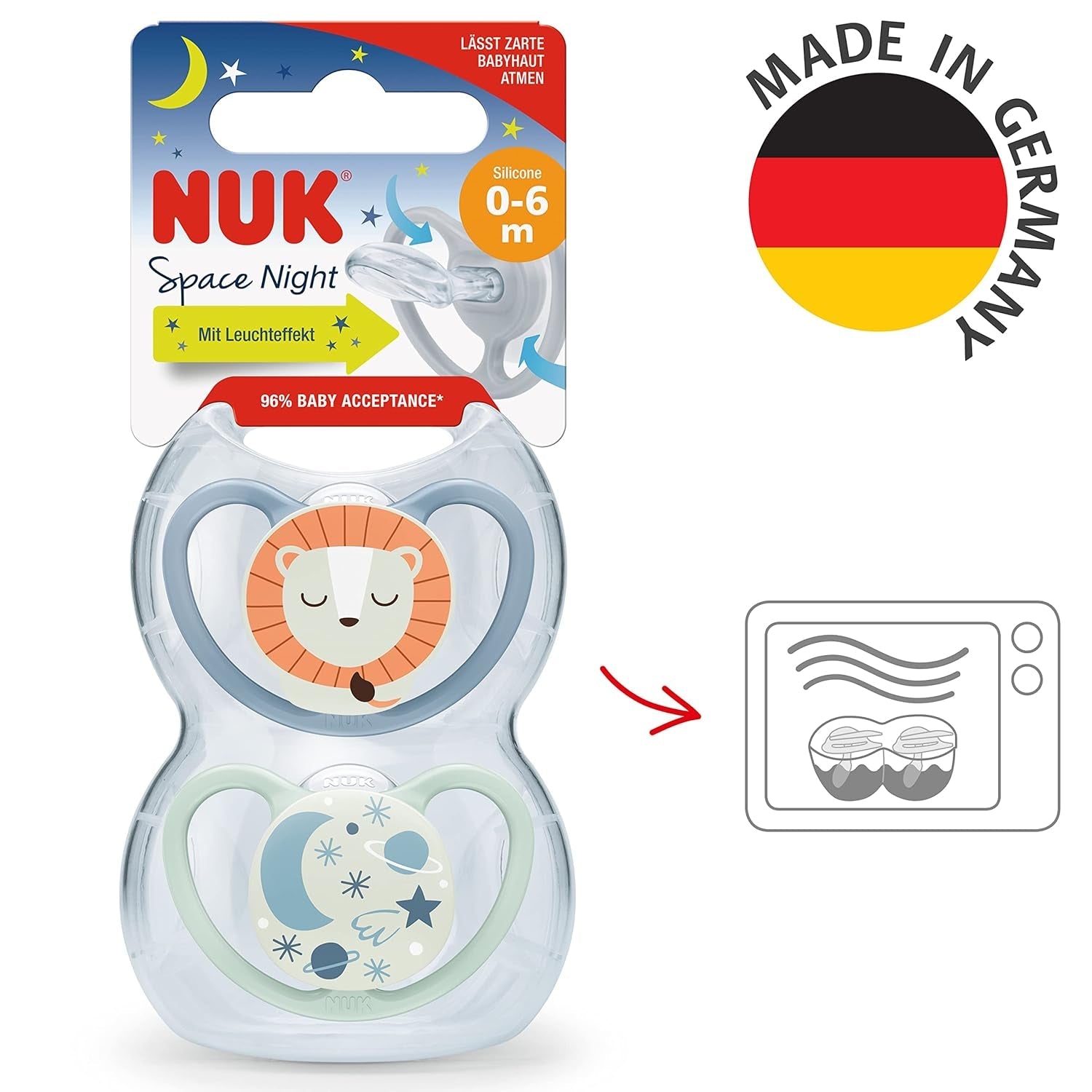 Sucettes NUK Space Night, 0-6 mois, très grandes fentes d'aération, phosphorescentes, silicone sans BPA, renard et coccinelle, paquet de 2