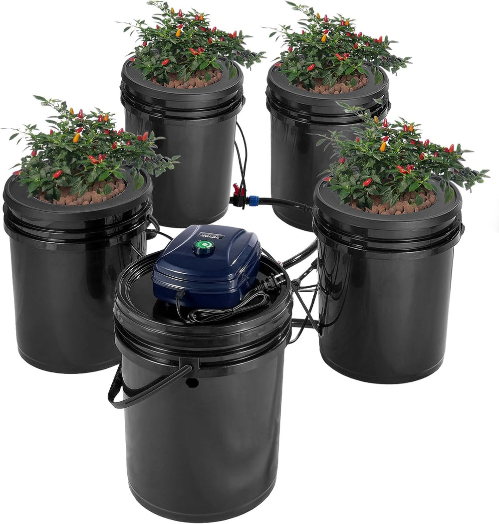 VEVOR DWC Système de culture hydroponique Kit de pot d'égouttement Systèmes de culture hydroponique Culture en eau profonde 4 seaux de 20 L avec pompe à air Pierres à air et indicateur de niveau d'eau pour légumes à feuilles vertes