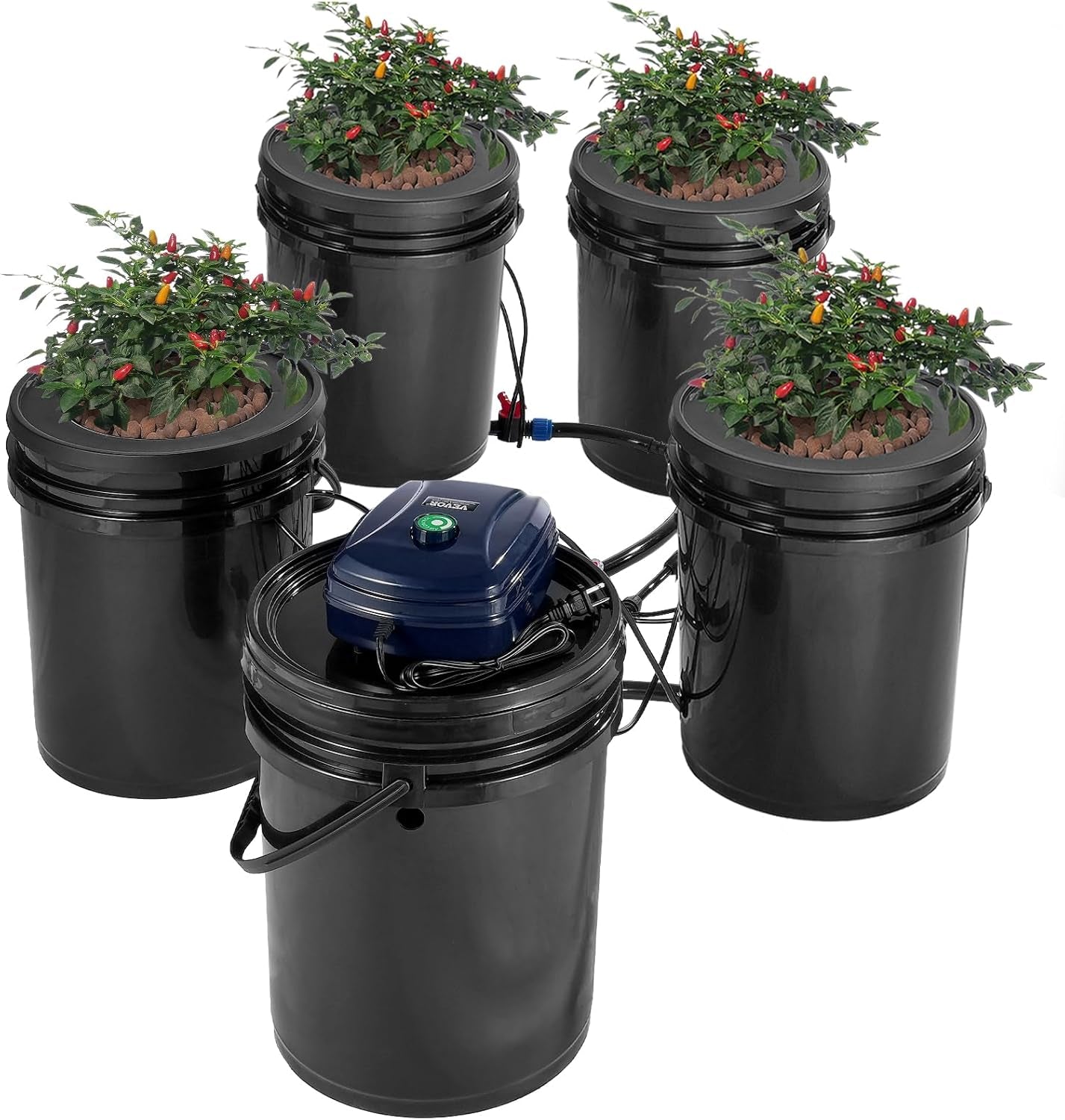 VEVOR DWC Système de culture hydroponique, systèmes de culture hydroponique, culture en eau profonde 4 seaux de 20 litres, système DWC avec pompe à air, pierres à air et indicateur de niveau d'eau pour légumes à feuilles