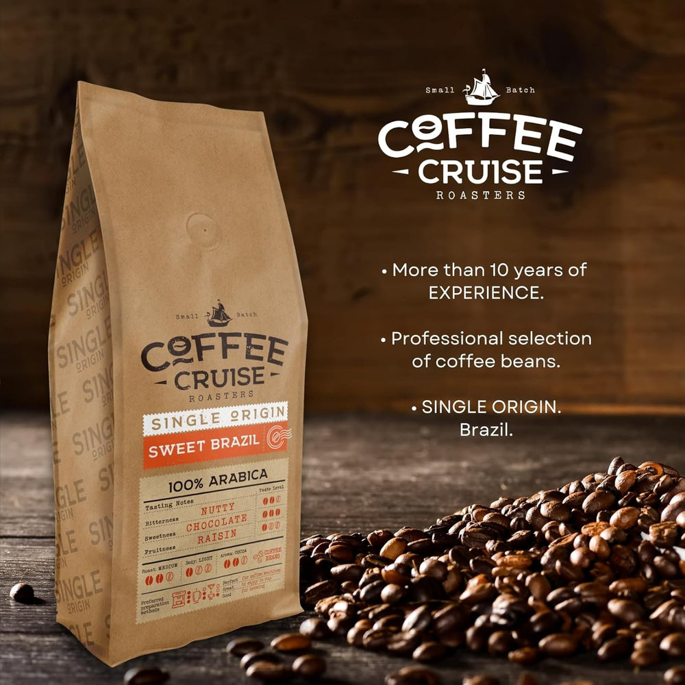 COFFEE CRUISE Sweet Brazil Brasilianische Kaffeebohnen 1kg - Mittlere Röstung - Aroma Kakao und Schokolade - Pour toutes les machines à café - 100% arabe