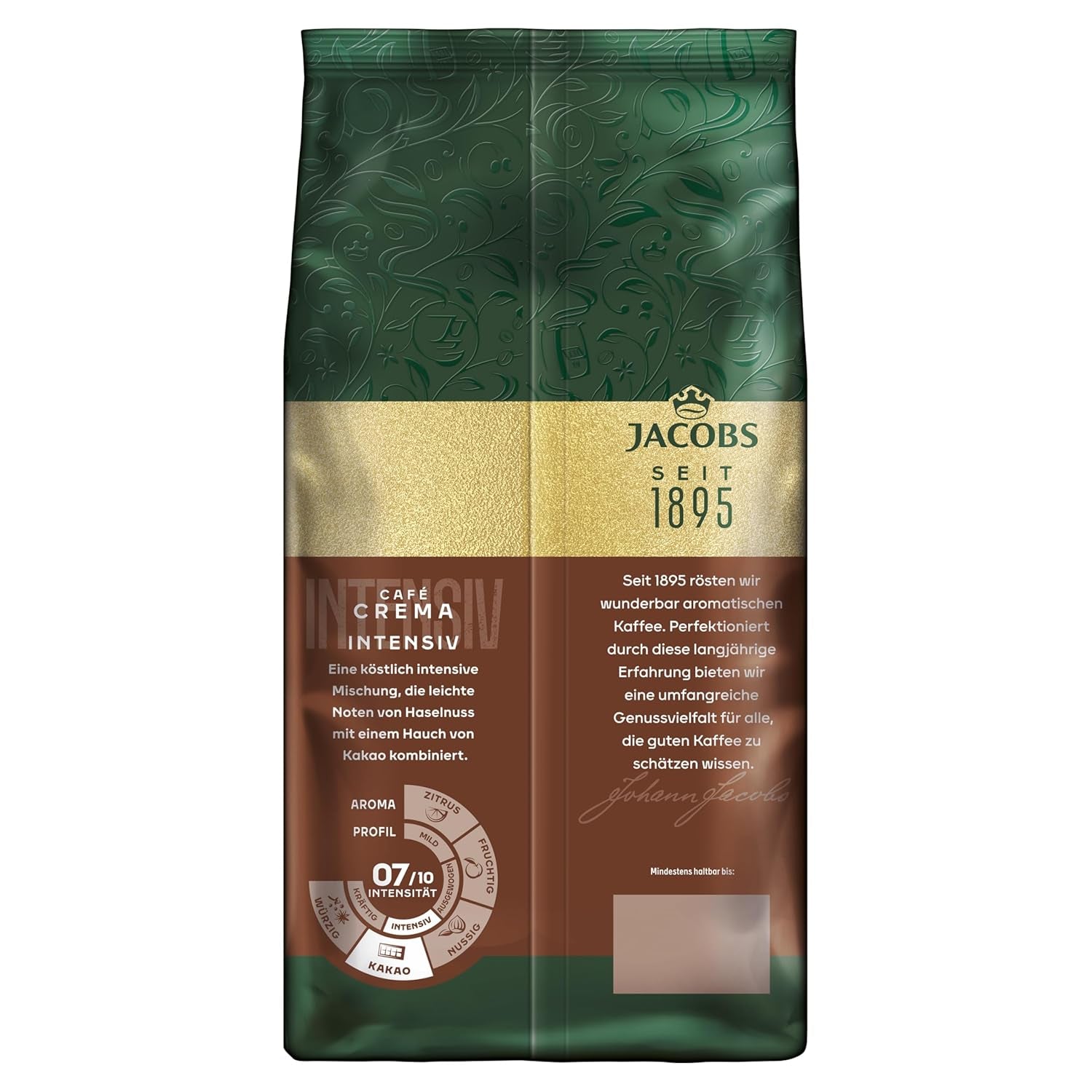 Jacobs Kaffeebohnen Café Crema Intense, intensif avec Kakao- & Nussnote, geröstet à Brême, Intensität 7/10, Kaffee ganze Bohnen, 1 kg