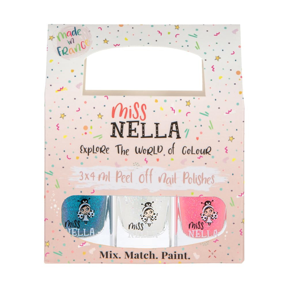 Miss Nella Magic Collection Lot de 4 vernis à ongles pailletés : rose, rouge, or et bleu, vernis à ongles amovible spécial enfants, non toxique, à base d'eau, sans odeur